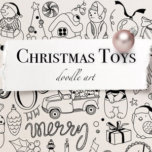 Contour de Noël de vecteur Clipart jouets vintage dessin au trait Éléments de griffonnage d'hiver Timbres de Noël Cartes de voeux de nouvel an Cartes de Noël