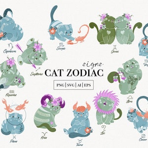 12 Katze Sternzeichen Clipart, niedliche Tier Horoskop, Astrologie Sublimation Designs, Katze Horoskop Clipart, kommerzielle Nutzung, Ai EPS SVG PNG
