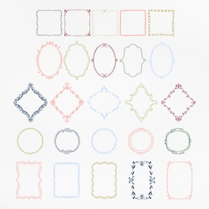 Hand-drawn vintage frames clipart set with 25 unique ornate borders. Includes PNG, SVG, AI, and EPS formats for digital scrapbooking, invitations, and design projects.