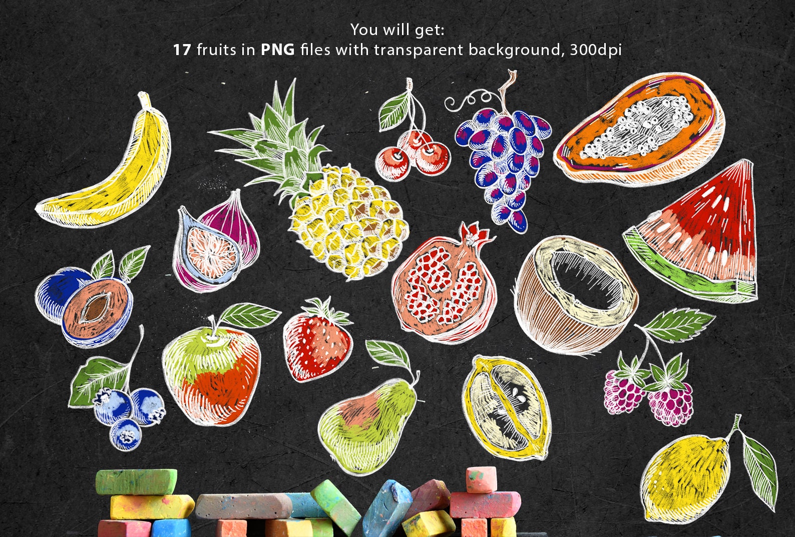Chalkboard Veggie and Fruit Clipart, Hand Drawn PNG (digital