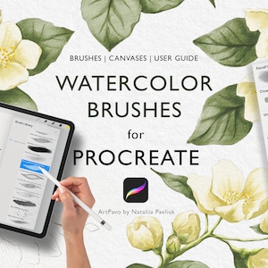 Watercolor Brushes for Procreate – 13 Natural Brushes + 5 Canvases – iPad Painting Kit with Jasmine Tutorial & Color Palette