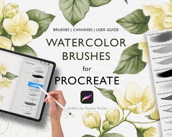 Watercolor Brushes for Procreate – 13 Natural Brushes + 5 Canvases – iPad Painting Kit with Jasmine Tutorial & Color Palette