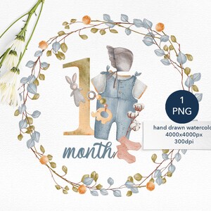 1 mes Métricas de imágenes prediseñadas del aniversario del bebé, imágenes prediseñadas PNG de baby shower con número, flores y juguetes boho, imagen de hito del bebé para recién nacido