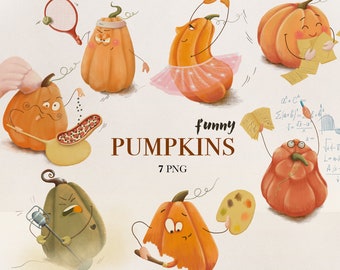 水彩画のハロウィンかぼちゃキャラクターのクリップアート、PNG