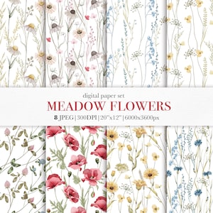 Meadow Flowers Paper set, Wildflower digital paper, Spring floral patterns, Field flower print, Botanical prints, Floral fabric decor