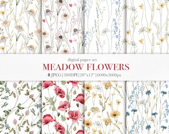 Wildflower Digital Paper Set, Meadow Floral, Botanical Prints (Digital Download)