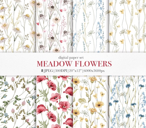 Wildflower Digital Paper Set, Meadow Floral, Botanical Prints (Digital Download)