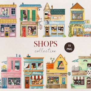 City Houses Clip art Bundle - Coffee Shop, Bakery, Bookstore, Market - Ready-to-Use Town Clipart Set - Urban Shops - Town Clipart