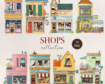 City Houses Clip art Bundle - Coffee Shop, Bakery, Bookstore, Market - Ready-to-Use Town Clipart Set - Urban Shops - Town Clipart