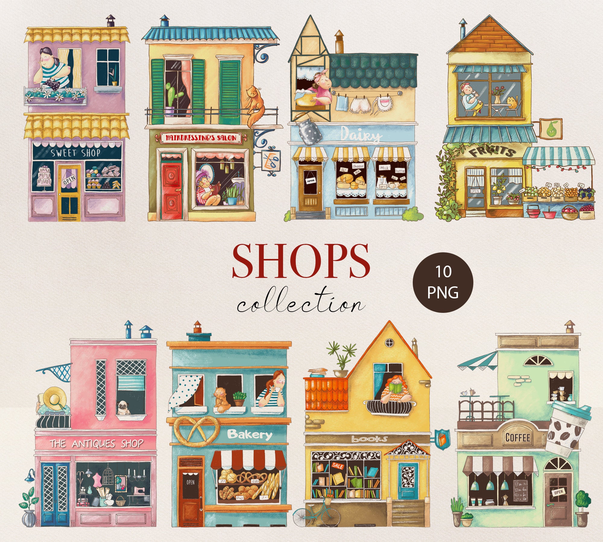 City Houses Clip art Bundle - Coffee Shop, Bakery, Bookstore, Market - Ready-to-Use Town Clipart Set - Urban Shops - Town Clipart