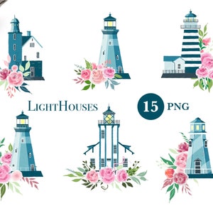 Lighthouse clip art set, 15 PNG, Seaside images, Lighthouses adorned with pink roses, Marine clipart, Flowers clipart, Nautical clip art