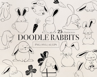 Rabbit Clipart Set – Hand Drawn Bunny Outline PNGs, SVGs (Digital Download)