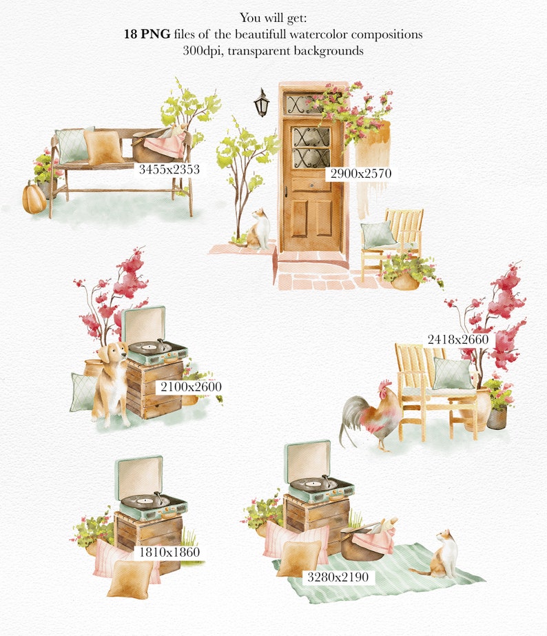 Puede incluir: Un conjunto de 18 ilustraciones de acuarela que representan una encantadora escena de caba&ntilde;a con una puerta de madera, un banco, un gallo, un gato, un tocadiscos y varias plantas. Las im&aacute;genes son perfectas para crear dise&ntilde;os digitales o impresos.