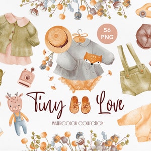 Watercolor Boho Baby clip art, Hand drawn images of baby apparel, accessories, toys and plants in light pastel colors, Vintage kids apparel