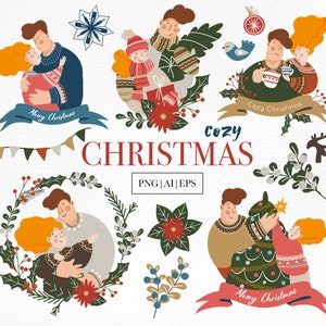 Christmas clipart, Winter New Year holiday clipart, Cozy vector Christmas clipart, Christmas wreaths,  Winter plants, Christmas decor, PNG