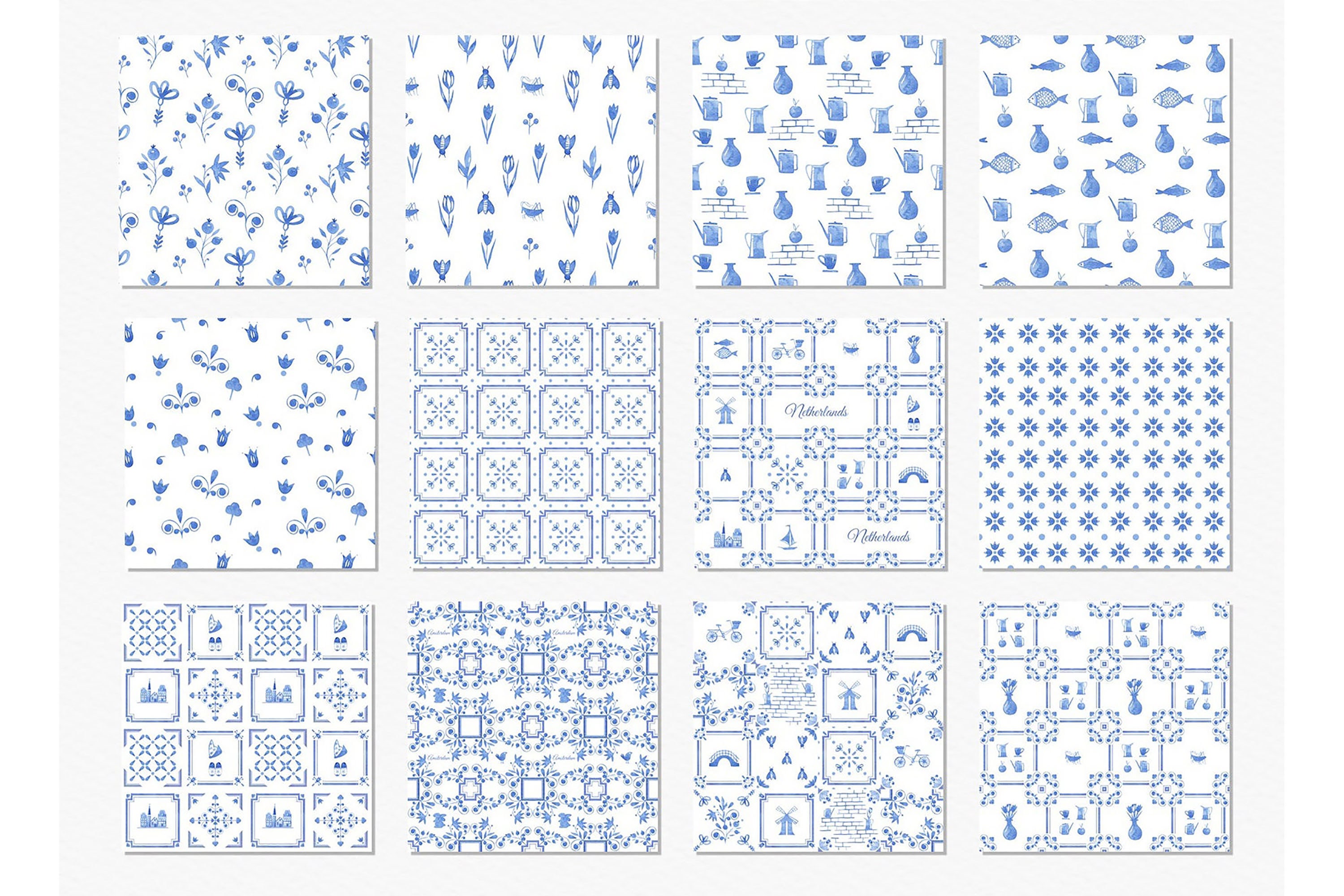 Delft Blue Dutch Tile Patterns, Watercolor Digital Paper (JPEG) - Etsy