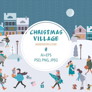Vector Christmas Village Clipart Winter Activities People Holiday Clip Art New year Greeting cards Christmas patterns Winter Town clipart