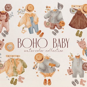 Aquarell Boho Baby Clipart, Vintage Kinderkleidung, erster Geburtstag, Eco-Style Clipart, Retro Spielzeug Clipart, Baby Vintage-Look, Kinder Clipart
