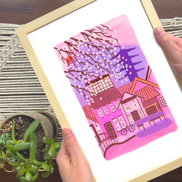 Framed Kyoto Gouache Painting | Ready-to-Hang Japan Art Print | Japanese City Art | Asia Travel Art | Japanese Architecture Art