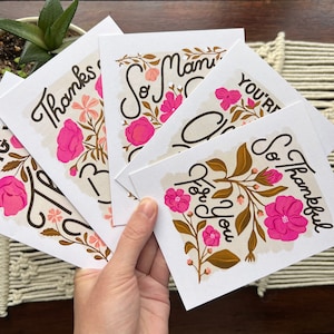 conjunto de cartões de agradecimento do guache | Pacote de variedades de cartões de agradecimento com letras à mão | Pacote múltiplo de cartões ilustrados projetados pelo artista
