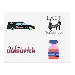 Funeral Sticker Sheet, Hearse sticker set, Embalming fluid stickers, Funeral Director stickers, Mortician stickers, gift for mortician