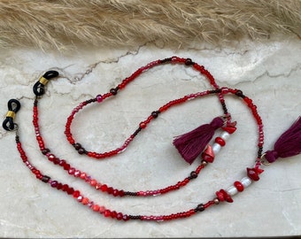 2in1 glasses chain & headphone chain red, coral - tassels, freshwater pearls, rocaille beads, glass beads