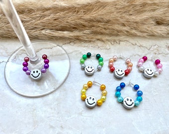 Set de 6 marqueurs à verre Marqueurs à verre - perles colorées & smiley - or ou argent