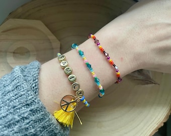 3-delige armbandenset met gele, blauwe en veelkleurige kraaltjes - elastische armbandenset - Familie-, Kwastje-, Vrede- en gefacetteerde glaskraaltjes