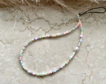 Mobile phone chain mobile phone pendant white, cream & pastel pastel colors pastel tones - freshwater pearls, cut glass beads