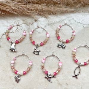 Set van 6 glasstiften glasstiften roze, roze, zilver - glaskralen, rocaille kralen - geboorte, babyshower, babyshower, doop