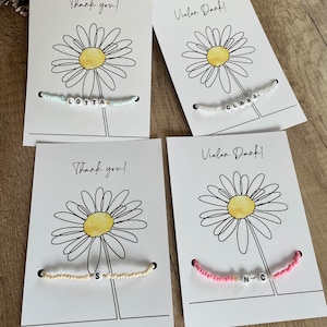 Pulseira com cartão - Flor margarida - Obrigado - pulseira personalizada - presente, presente para convidado, cartão de agradecimento, cartão