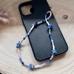 Catena per cellulare, ciondolo per cellulare blu scuro, grigio, viola e crema - perline rocailles, perline di vetro, sodalite blu