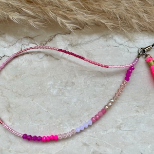 Chaîne de téléphone portable, pendentif de téléphone portable rose et rose - perles de verre, perles de rocaille, perles de verre taillées - pompon rose