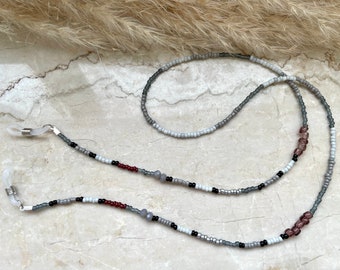 Chaîne de lunettes 2en1 & chaîne d'écouteurs gris, noir, argent, violet - perles de rocaille, oeillets en silicone - unisexe