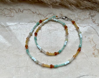 Choker necklace brown, beige, cream, mint, turquoise - glass beads, cut glass beads & rocailles beads - carabiner