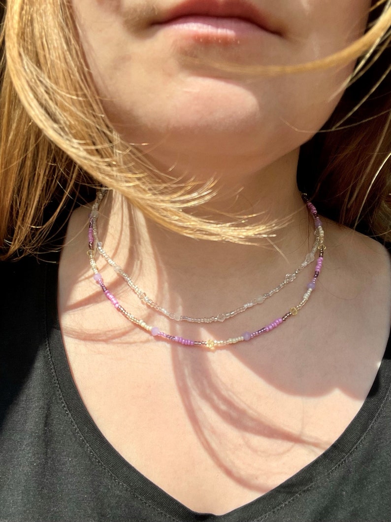 Choker Halskette klar, transparent, weiß Glasperlen, Glasschliffperlen & Rocaillesperlen Karabiner Bild 5