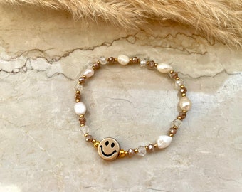 Zoetwaterparel armband met smiley - rocaille kralen glaskralen bruin, helder, goud