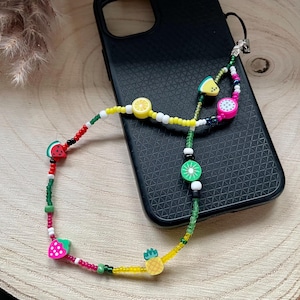 Chaîne de téléphone portable pendentif de téléphone portable coloré avec des perles de fruits - citron, kiwi, melon, fruit du dragon, ananas, fraise - perles en plastique, perles de verre