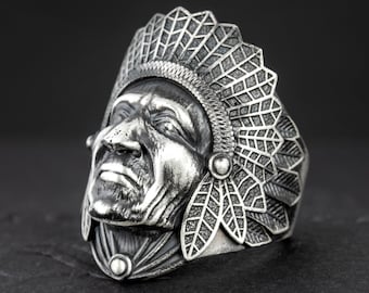 Native American culture ring, American Indian chief signet ring for men in sterling silver, Unique band for everyday use, Statment rings