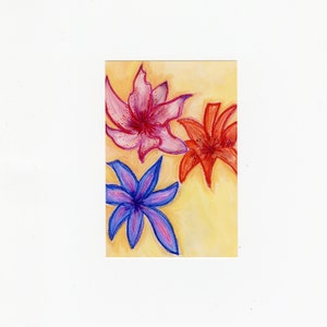 May include: A hand-drawn illustration of three flowers on a yellow background. The flowers are pink, red, and blue.