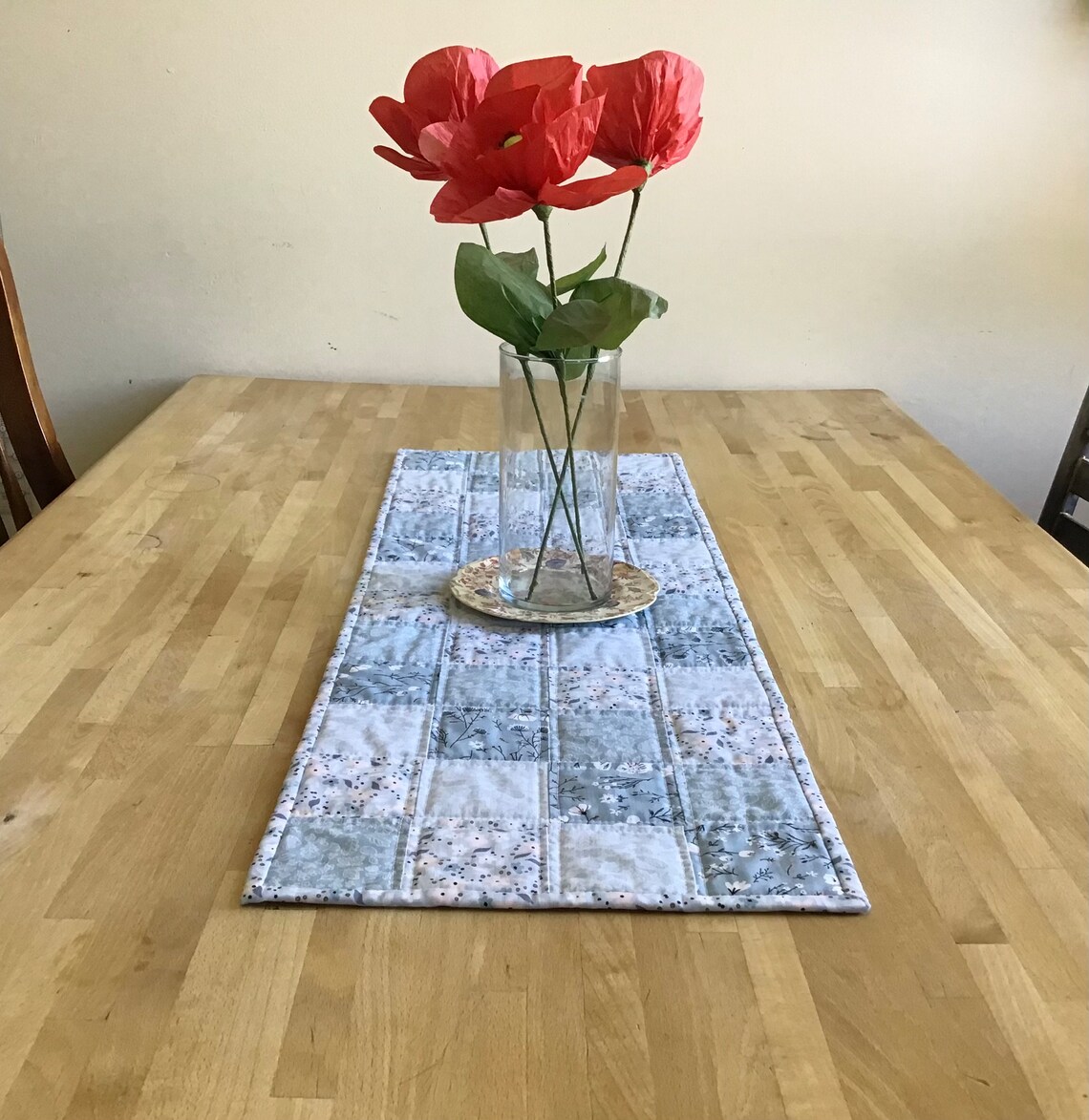 Quilted Table Runner Blue Floral Quilted Table Topper Farm Table