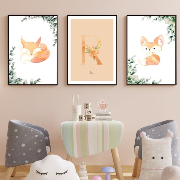 Set de 3 affiches personnalisées décoration chambre bébé - initiale bébé fille - motif renard et fleur