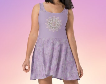 Lavender Mosaic Dress Purple Gold Flower Dress Floral Geometric Skater Dress for Summer Floral Fashion Charming Flower Child Dress Women