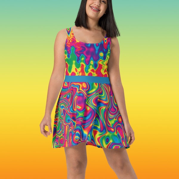 Rainbow Tie Dye Dress Colorful Swirl Skater Dress Women's Rainbow Clothing Standout Festival Fashion Fun Summer Outfit