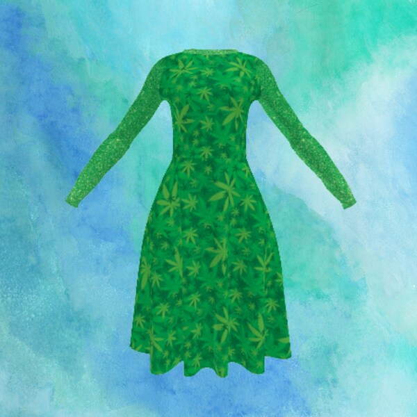 Green Sparkle Cannabis Dress Long Sleeve Marijuana Midi Dress Casual Glam Stoner Chic 420 Fashion Sparkle Dress