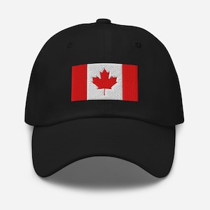 May include: A black baseball cap with an embroidered Canadian flag on the front. The flag is red and white with a red maple leaf in the center.
