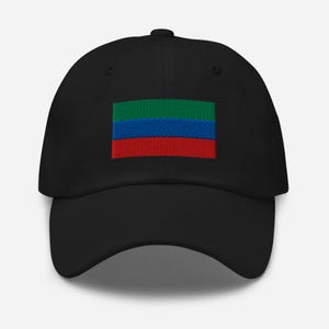 May include: Black baseball cap with an embroidered flag featuring green, blue and red stripes.