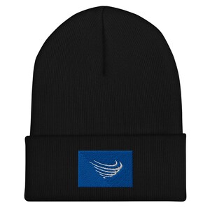 May include: Black beanie with a blue patch featuring a white stylised wing design.