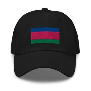 Peut inclure: Une casquette de baseball noire avec un drapeau brodé aux couleurs bleu, rose et vert.