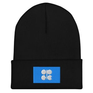 May include: Black beanie hat with a blue rectangular patch featuring a white emblem. The hat is made of a soft, knitted material and has a folded brim. The emblem is a stylized design of four connected shapes.